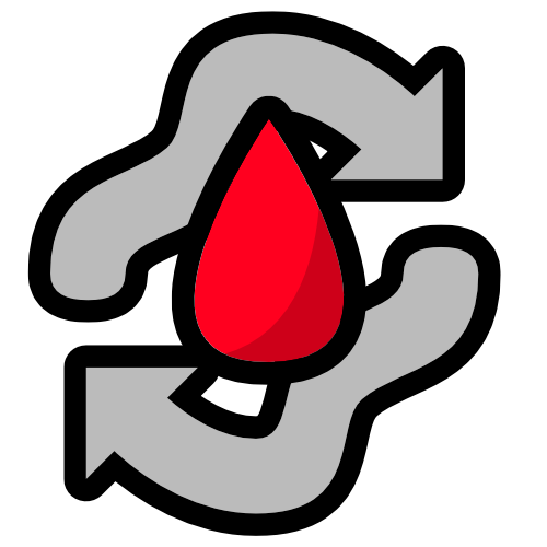 two wonky curved arrows forming a deformed circle around a red droplet.